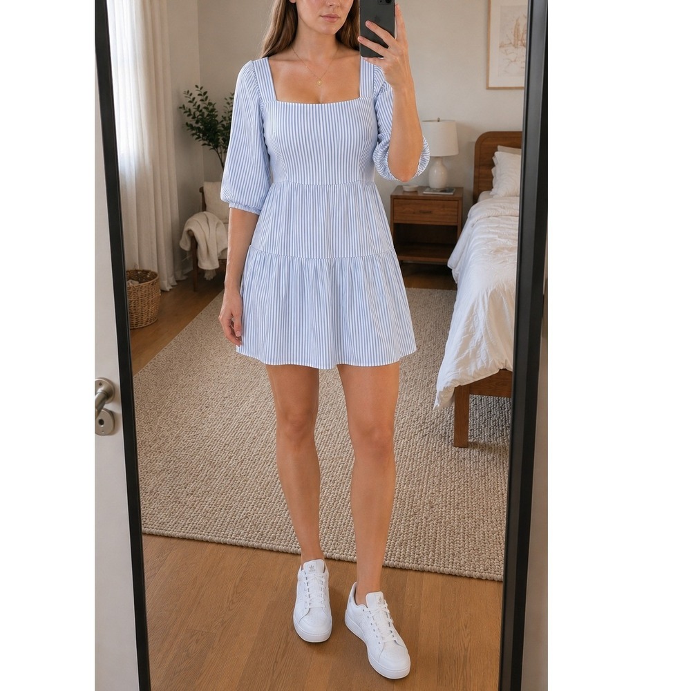 Porter St Womens Stroped Dress L Blue White Tiered‎ Cottage Coastal Preppy Boho